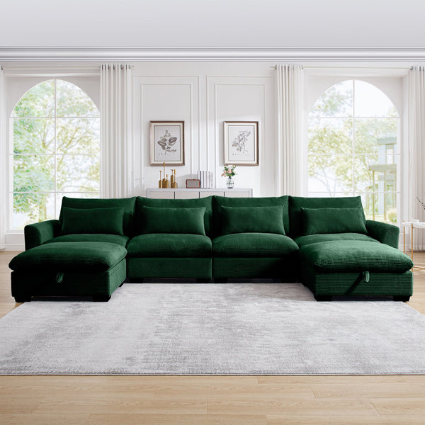 English Elm Big Deep Seat U-Shaped Corduroy Sectional Sofa with Storage Ottomans & Lumbar Pillows, Cozy Modular Design Green W714S00674