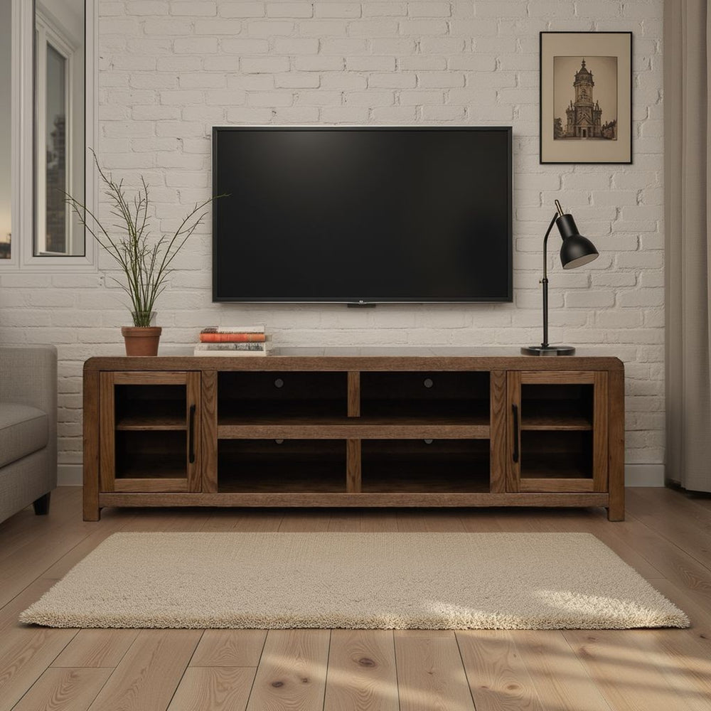 English Elm Haven 82" Fully Assembled Tv Stand With Glass Doors, Stylish Oak Bourbon Finish For Tvs Up To 90" B108P364415
