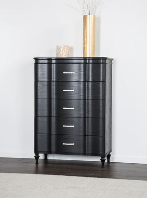 English Elm Glamorous Black 36"W Curved Front Chest with Crystal Acrylic Handles, Turned Legs & Felt Lined Drawer B2741P372231