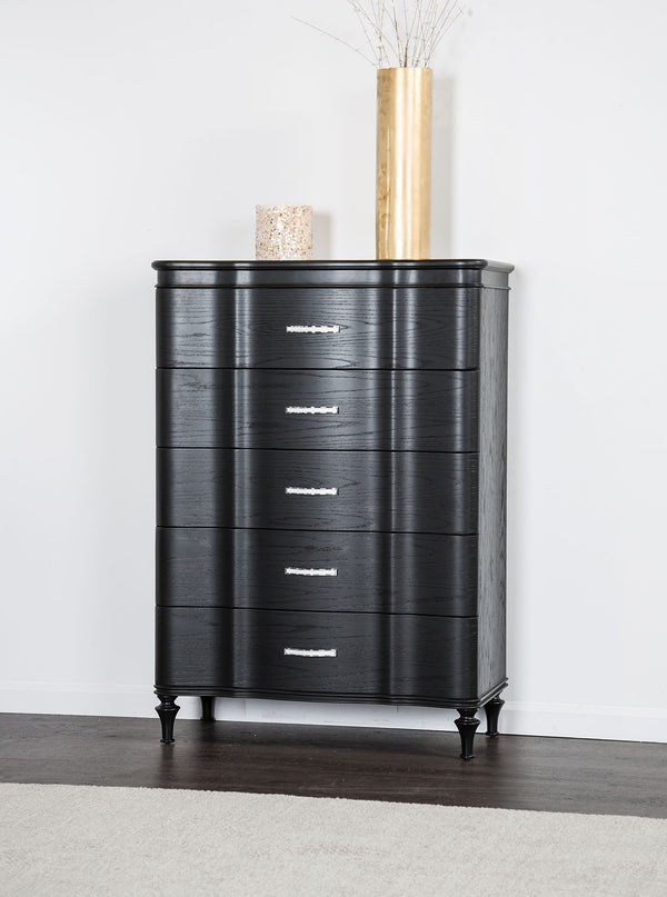 English Elm Glamorous Black 36"W Curved Front Chest with Crystal Acrylic Handles, Turned Legs & Felt Lined Drawer B2741P372231