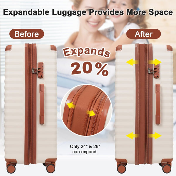 English Elm Luggage 5 Piece Abs Hardshell Travel Set with Usb Port Spinner Wheels and Tsa Lock Brown+White N732P265290K