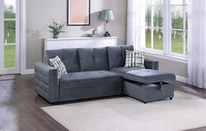 English Elm Gray Velvet Convertible Sectional Sofa with Pull-Out Bed, Reversible Storage Chaise, Tufted Elegance B011S01024