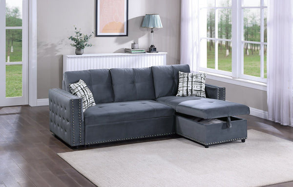 English Elm Gray Velvet Convertible Sectional Sofa with Pull-Out Bed, Reversible Storage Chaise, Tufted Elegance B011S01024