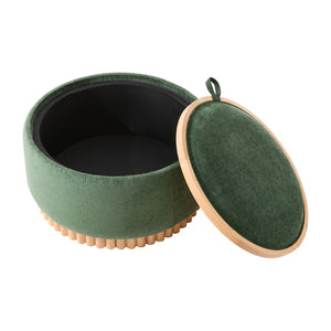 English Elm 29" Round Boucle Storage Ottoman Sculptural Wood Base Reversible Lid Living Room Green N723P405304G