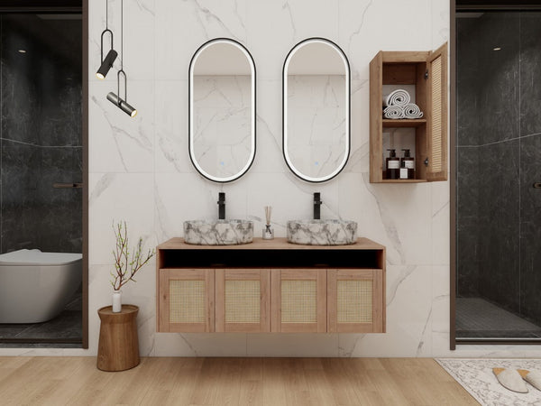 English Elm 48" Floating Bathroom Vanity Dual Ceramic Vessel Sinks Oak Finish Soft Close Doors W999S00500