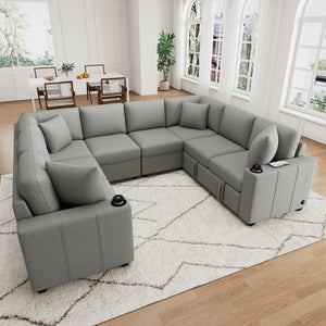 English Elm 108.7" Sectional Sofa with Pull-Out Bed, Chenille Upholstery, USB Ports, Cup Holders, Stylish Comfort Gray N719S001932E