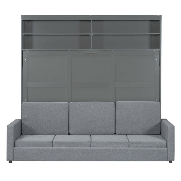 English Elm Queen Murphy Wall Bed with Linen Sofa for Studio and Small Space Living Gray LP000892AAE
