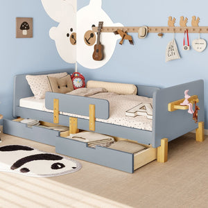 English Elm Twin Low Profile Kids Floor Bed Pine Wood Frame with Safety Rail and Built in Bookshelf Gray W1580P373243