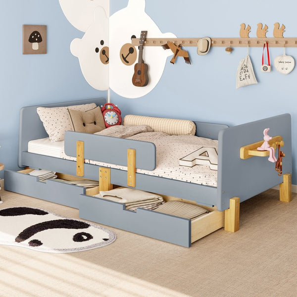 English Elm Twin Low Profile Kids Floor Bed Pine Wood Frame with Safety Rail and Built in Bookshelf Gray W1580P373243