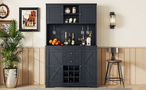 English Elm Coffee Bar Cabinet Dark Blue Farmhouse Buffet with Wine Cubbies, Stemware Rack, Drawers, Shelves & Prep Space Antique Blue W1580S00073