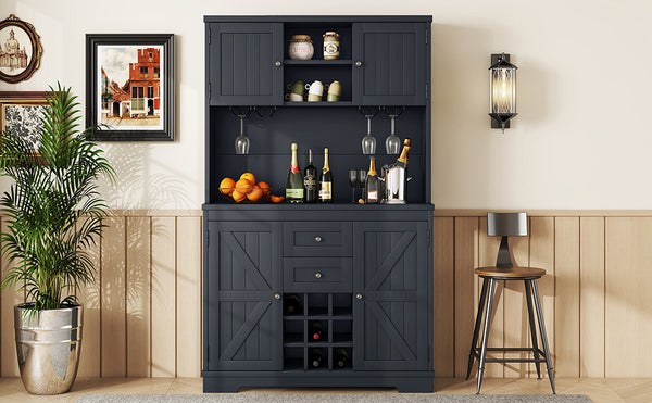 English Elm Coffee Bar Cabinet Dark Blue Farmhouse Buffet with Wine Cubbies, Stemware Rack, Drawers, Shelves & Prep Space Antique Blue W1580S00073