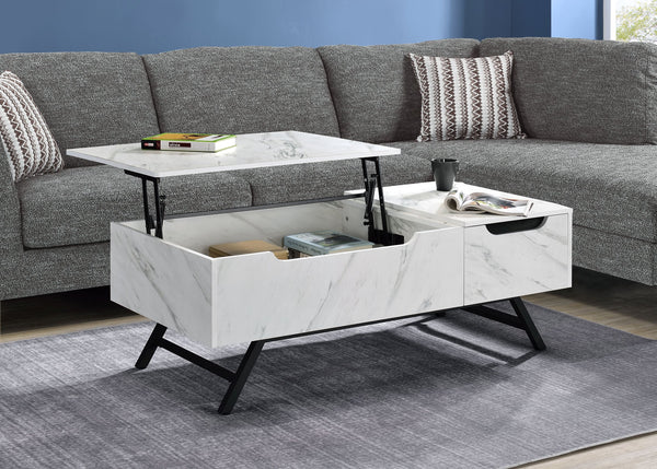 English Elm Throm White Faux Marble Grain Finish Coffee Table with Lift Top, Hidden Storage, Metal Legs, Modern Design B2726P256336