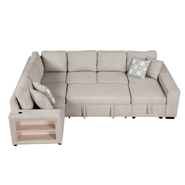 English Elm 109" U-shaped Sectional Sofa Pull-out Bed with Storage Chaise, USB Ports, Pocket Spring Comfort Beige N719S001550A