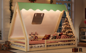 English Elm Twin Montessori Floor Bed Solid Pine Teepee Frame with Guardrails and Canopy Light Natural W1580P369468