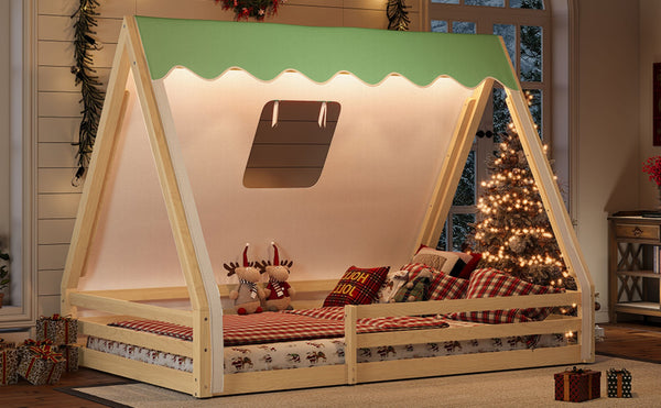 English Elm Twin Montessori Floor Bed Solid Pine Teepee Frame with Guardrails and Canopy Light Natural W1580P369468