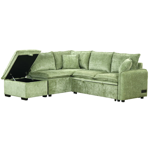 English Elm 82.67"Convertible Sofa Bed Sectional with Storage Ottoman, Power Sockets & USB Ports, Chenille Comfort Green SG001450AAF