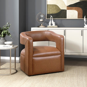 English Elm Modern Faux Leather Swivel Chair with Barrel Back Plush Foam Padding Pocket Coil Support 360° Base Camel 30 L x 29.5 W x 32.5 H B011P395594
