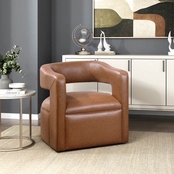 English Elm Modern Faux Leather Swivel Chair with Barrel Back Plush Foam Padding Pocket Coil Support 360° Base Camel 30 L x 29.5 W x 32.5 H B011P395594