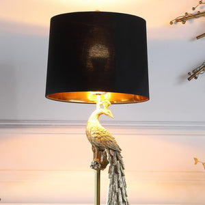 English Elm 29" Golden Peacock Table Lamp on Pedestal - Polyresin Art Sculpture, Black Gold-Lined Shade, 29" B072P222439