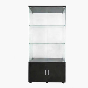 English Elm Double-door Glass Display Cabinet with Led Lighting Four Shelf Living Room Storage Black W3155S00023