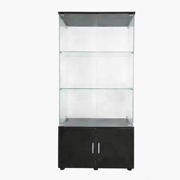 English Elm Double-door Glass Display Cabinet with Led Lighting Four Shelf Living Room Storage Black W3155S00023