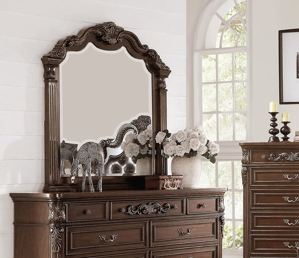English Elm Traditional Antique Cherry/Walnut Dresser with Mirror, 9 Drawers, Carved Floral Accents, Metal Hardware and Bun Feet B011S01151
