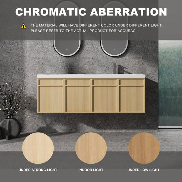 English Elm 60" 60" Wall-Mounted Bathroom Vanity with Double Resin Sink, 4 Soft-Closing Doors, Oak Finish W1972P315223
