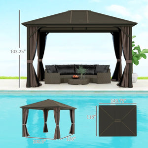 English Elm Gazebo Hardtop Outdoor Structure with Steel Roof Aluminum Frame and Privacy Curtains T3971S00174