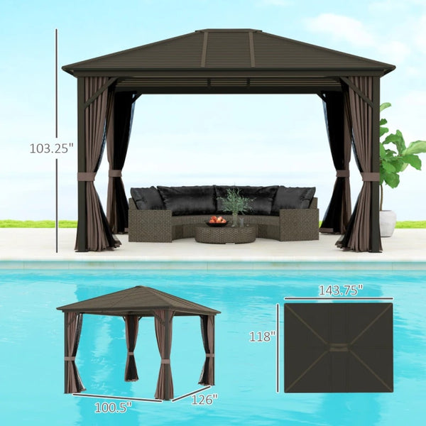 English Elm Gazebo Hardtop Outdoor Structure with Steel Roof Aluminum Frame and Privacy Curtains T3971S00174