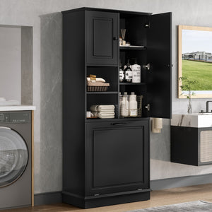 English Elm Tall Storage Cabinet with Flip-Out Basket, Adjustable Shelves & Aluminum Handles for Organized Living Black N725P322739B
