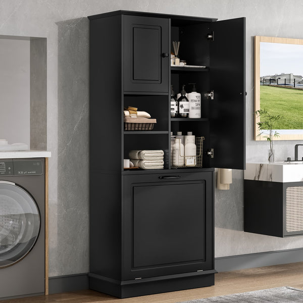 English Elm Tall Storage Cabinet with Flip-Out Basket, Adjustable Shelves & Aluminum Handles for Organized Living Black N725P322739B