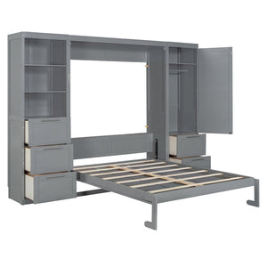 English Elm Queen Murphy Wall Bed with Wardrobe Drawers and Shelves for Studio or Guest Room Gray LP000865AAE-2