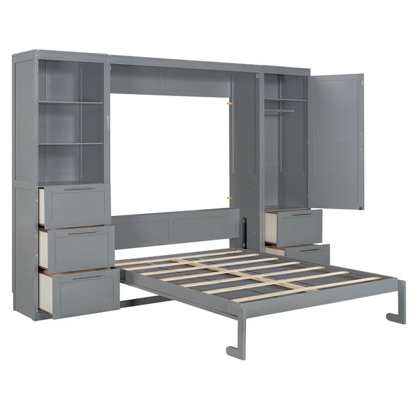 English Elm Queen Murphy Wall Bed with Wardrobe Drawers and Shelves for Studio or Guest Room Gray LP000865AAE-2