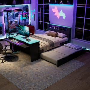 English Elm Full Size Wood Platform Daybed with Trundle Desk Rgb Led Lighting Gaming Bedroom Black+Blue LT000284AAC