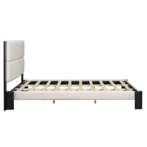 English Elm Christopher Knight Home® - Boucle Cal King Upholstered Platform Bed with Square-Stitched Headboard, Beige Fabric & Black Legs N758C546162A