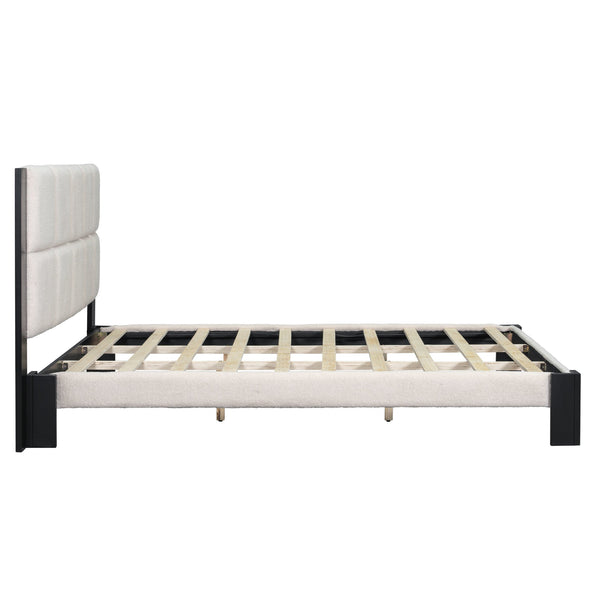 English Elm Christopher Knight Home® - Boucle Cal King Upholstered Platform Bed with Square-Stitched Headboard, Beige Fabric & Black Legs N758C546162A