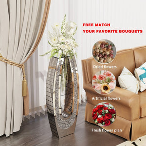 English Elm 35.82"u-shaped Tall Glass Floor Vase with Crystal Diamond Mosaic Silver Mirror Finish W3836P379832