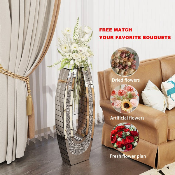 English Elm 35.82"u-shaped Tall Glass Floor Vase with Crystal Diamond Mosaic Silver Mirror Finish W3836P379832