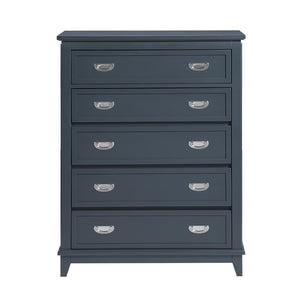 English Elm Navy Solid Wood Five Drawer Vertical Chest Polished Hardware Modern Bedroom Storage B011P462896