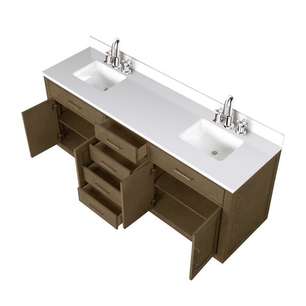 English Elm Grey Oak Double Bath Vanity With White Quartz Top & Faucet Set - Modern Design, Easy Installation! B2731P257831