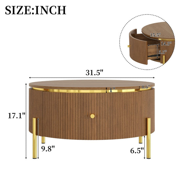 English Elm Modern Round Coffee Table with Gold Legs Two Drawers Brown Mdf Living Room N735P338995D