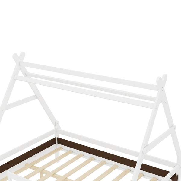 English Elm Twin House Shaped Platform Bed Solid Pine Frame with Built in Stairs for Kids Light White W1580P354720