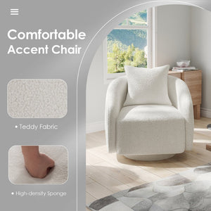 English Elm Swivel Barrel Armchair in Teddy Fabric with Lumbar Pillow and Solid Wood Legs White T3623P430697