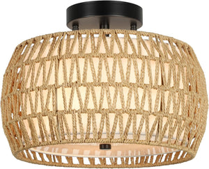 English Elm Boho Ceiling Light Fixture - Rattan & Fabric Semi Flush Mount For Cozy Farmhouse & Modern Spaces W2738P185410
