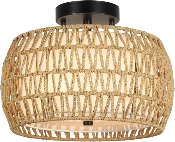 English Elm Boho Ceiling Light Fixture - Rattan & Fabric Semi Flush Mount For Cozy Farmhouse & Modern Spaces W2738P185410