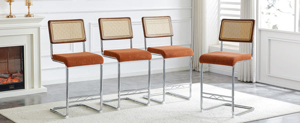 English Elm Natural Rattan Backrest Counter Stools Set of 4 with Chrome Legs and Pu Leather Seats W2920S00107