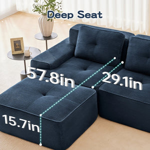 English Elm Modern Corduroy Sectional Sofa Deep Seat V Shape Tufted Couch with Movable Ottoman Blue W714S01579