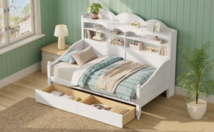 English Elm Twin Daybed Retro Wood Frame with Under Bed Drawers and Headboard Shelving White N733S415358K