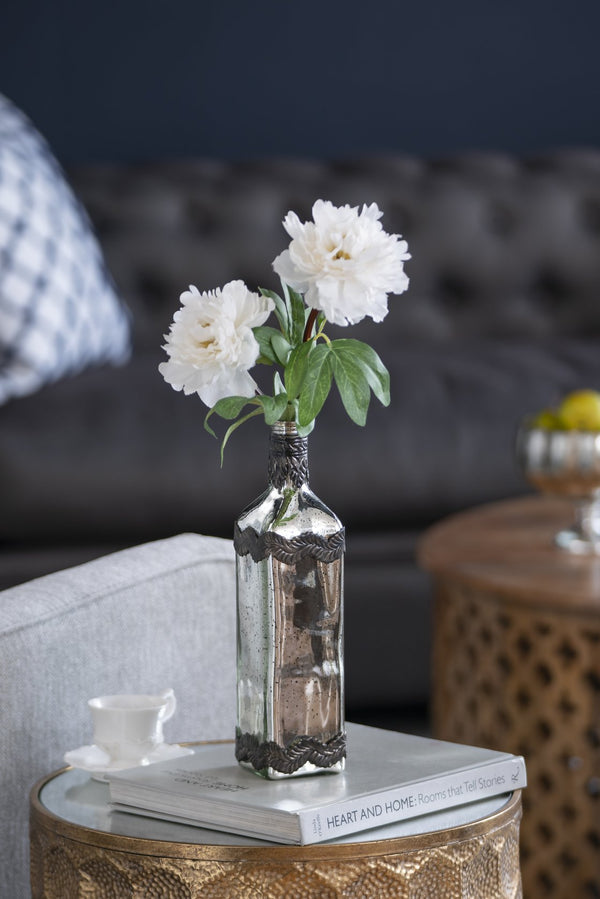 English Elm D3x12" Antique Silver Bottle Vase with Speckled Finish and Bronze Leaf Embellishments, Elegant Decor W2078P391140