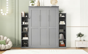 English Elm Full Size Murphy Wall Bed with Led Lighting Side Storage Cabinets and Slatted Support Gray LP000694AAE-1